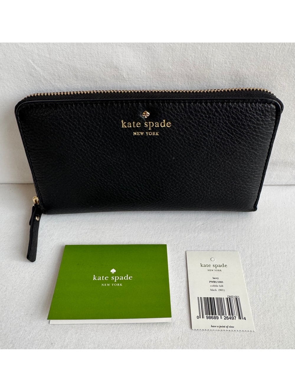 Kate Spade Cobble Hill Lacey Wallet Black Pebbled Leather Zip Around PWRU1801